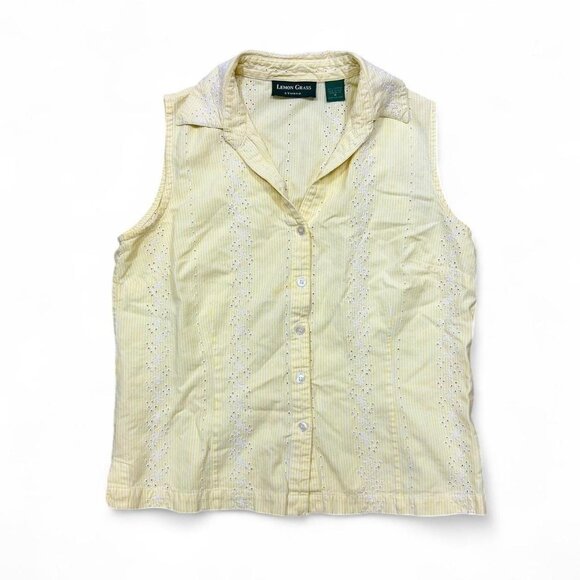 Vintage Lemon Grass Baby Yellow Embroidered Cotton Sleeveless Shirt Button Up Ta - Picture 1 of 5